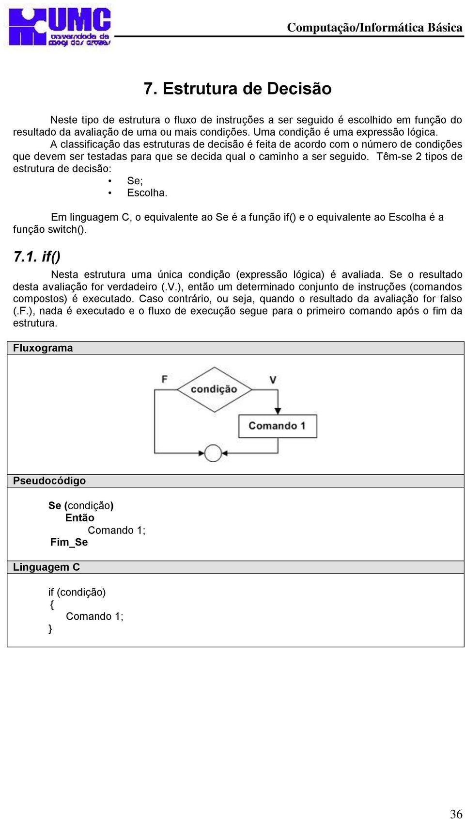 Têm-se 2 tipos de estrutura de decisão: Se; Escolha. Em linguagem C, o equivalente ao Se é a função if() e o equivalente ao Escolha é a função switch(). 7.1.