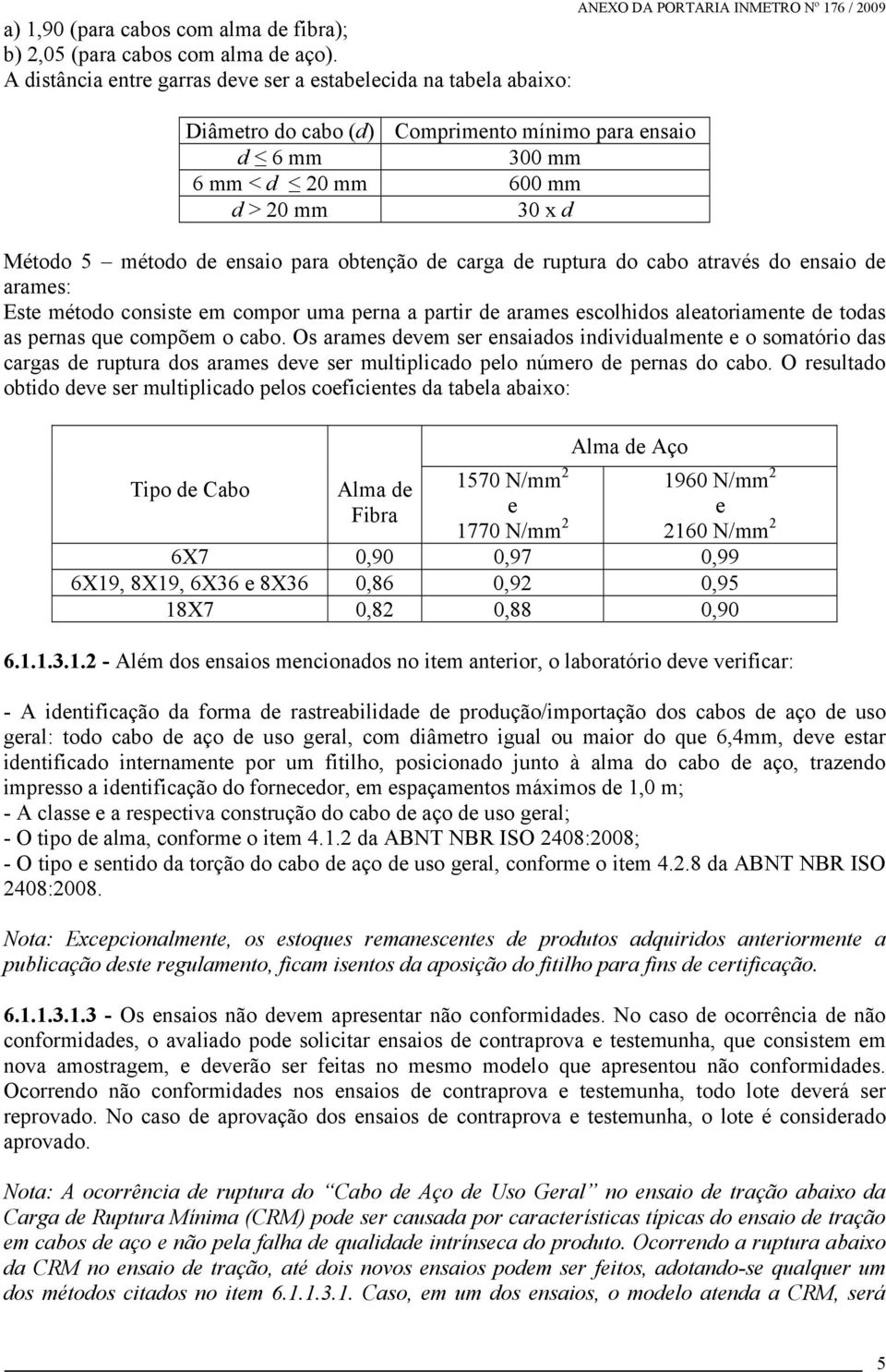 Nº 176 / 2009 Método 5 método de ensaio para obtenção de carga de ruptura do cabo através do ensaio de arames: Este método consiste em compor uma perna a partir de arames escolhidos aleatoriamente de