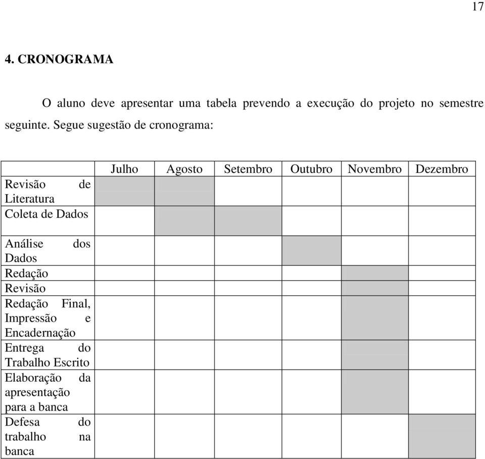 Segue sugestão de cronograma: Revisão de Literatura Coleta de Dados Julho Agosto Setembro Outubro