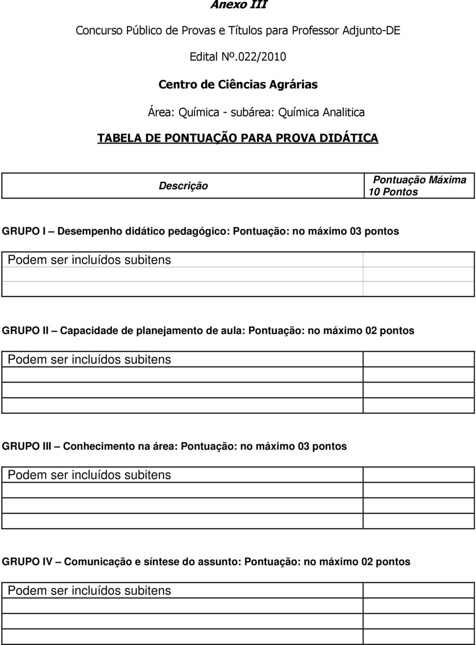 Pontuação Máxima 10 Pontos GRUPO I Desempenho didático pedagógico: Pontuação: no máximo 03 pontos GRUPO II Capacidade de