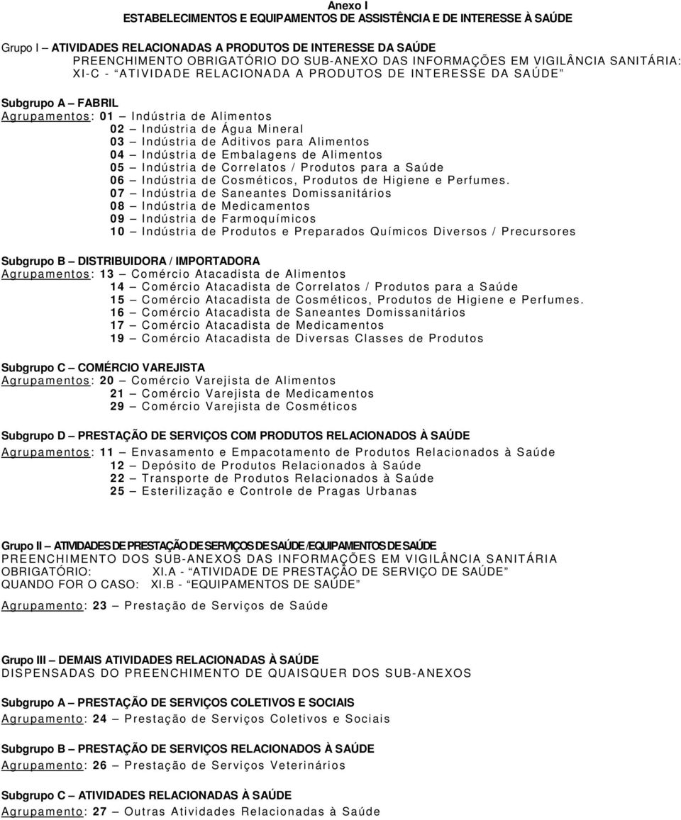 Indústria de Embalagens de Alimentos 05 Indústria de Correlatos / Produtos para a Saúde 06 Indústria de Cosméticos, Produt os de Higiene e Perfumes.