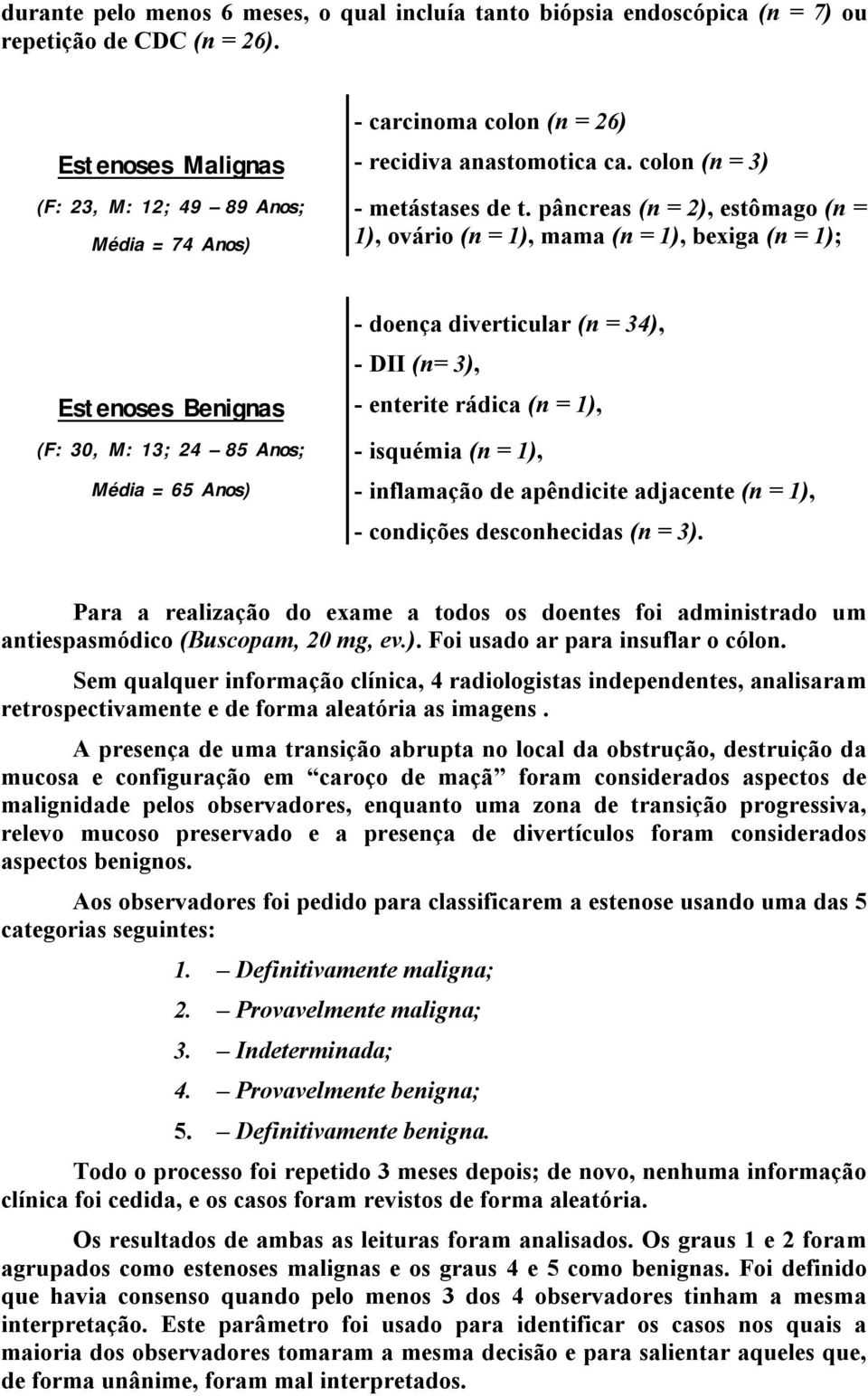 pâncreas (n = 2), estômago (n = 1), ovário (n = 1), mama (n = 1), bexiga (n = 1); - doença diverticular (n = 34), - DII (n= 3), Estenoses Benignas - enterite rádica (n = 1), (F: 30, M: 13; 24 85