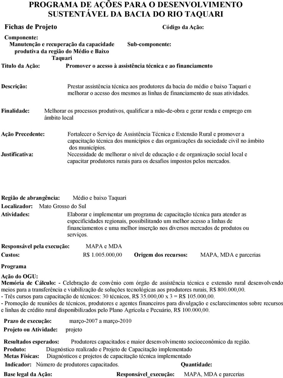 Finalidade: Melhorar os processos produtivos, qualificar a mão-de-obra e gerar renda e emprego em âmbito local Fortalecer o Serviço de Assistência Técnica e Extensão Rural e promover a capacitação