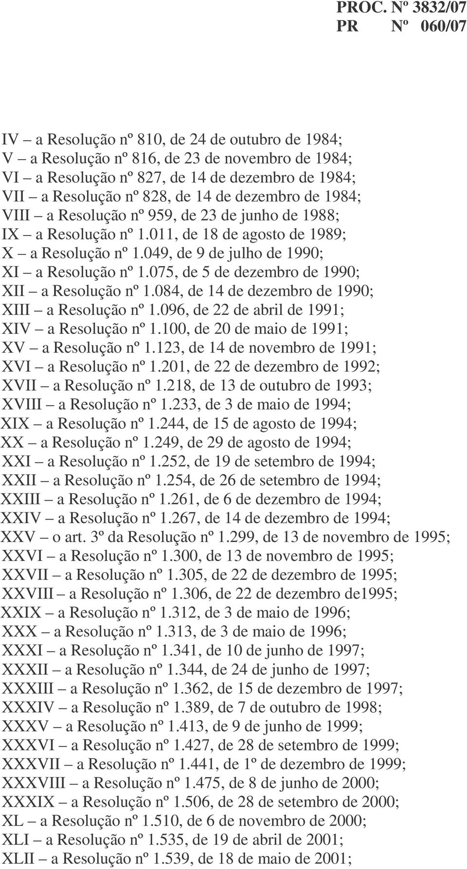 075, de 5 de dezembro de 1990; XII a Resolução nº 1.084, de 14 de dezembro de 1990; XIII a Resolução nº 1.096, de 22 de abril de 1991; XIV a Resolução nº 1.