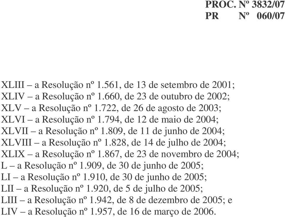 828, de 14 de julho de 2004; XLIX a Resolução nº 1.867, de 23 de novembro de 2004; L a Resolução nº 1.909, de 30 de junho de 2005; LI a Resolução nº 1.