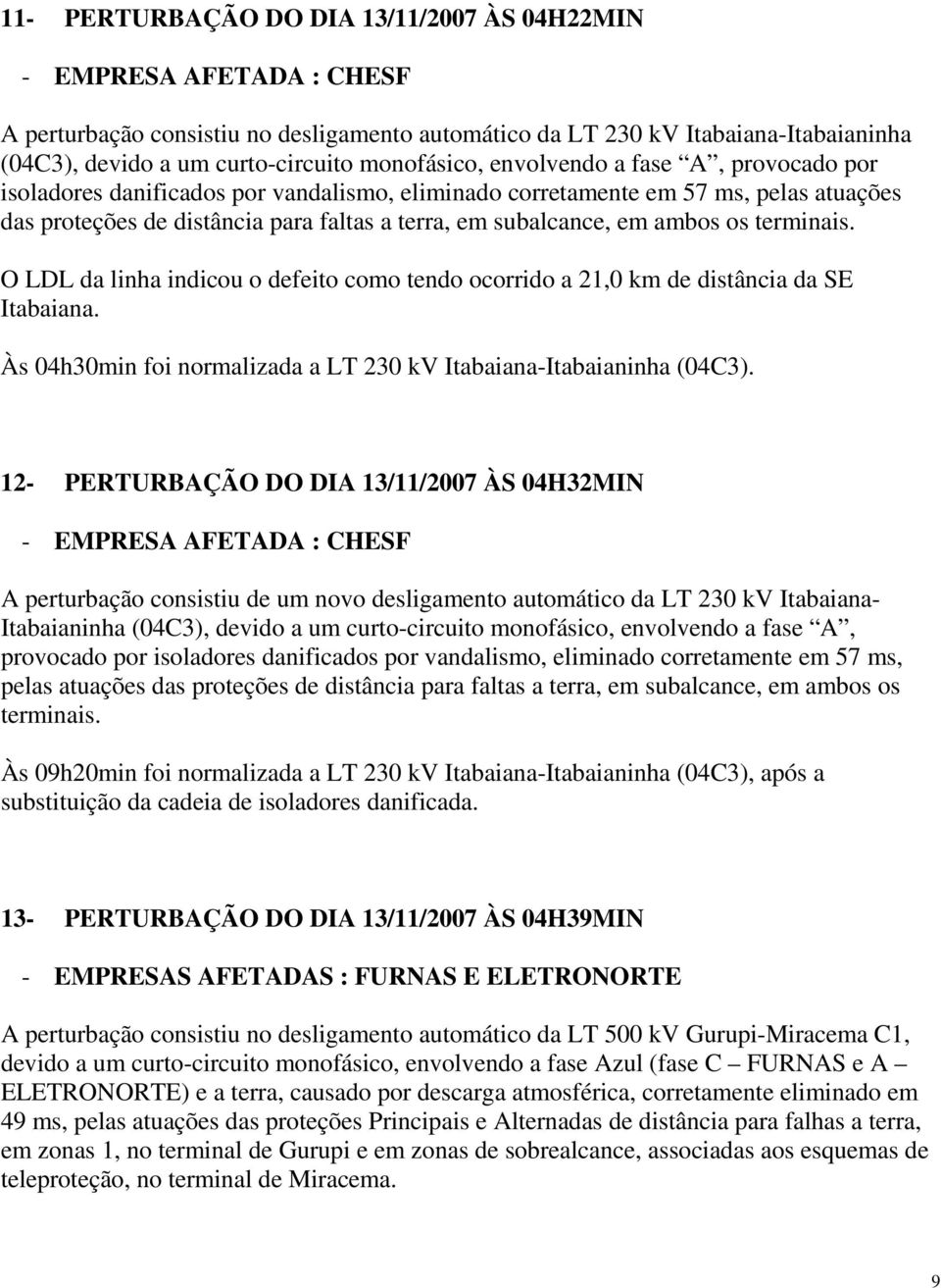 ambos os terminais. O LDL da linha indicou o defeito como tendo ocorrido a 21,0 km de distância da SE Itabaiana. Às 04h30min foi normalizada a LT 230 kv Itabaiana-Itabaianinha (04C3).