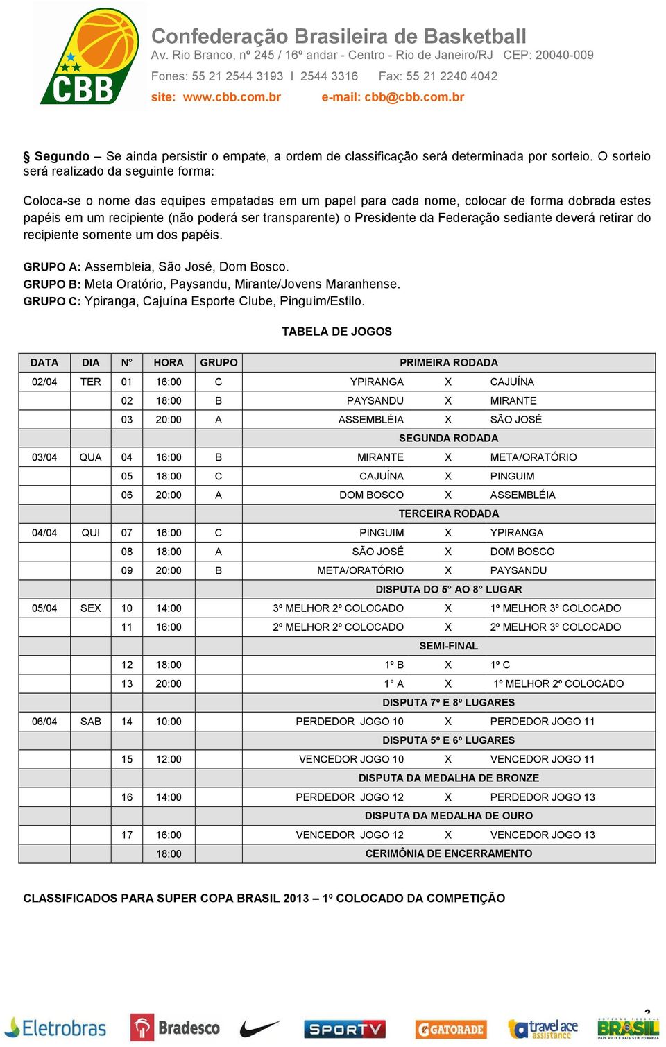 Presidente da Federação sediante deverá retirar do recipiente somente um dos papéis. GRUPO A: Assembleia, São José, Dom Bosco. GRUPO B: Meta Oratório, Paysandu, Mirante/Jovens Maranhense.