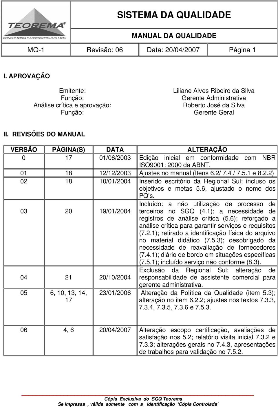 REVISÕES DO MANUAL VERSÃO PÁGINA(S) DATA ALTERAÇÃO 0 17 01/06/2003 Edição inicial em conformidade com NBR ISO9001: 2000 da ABNT. 01 18 12/12/2003 Ajustes no manual (Itens 6.2/ 7.4 / 7.5.1 e 8.2.2) 02 18 10/01/2004 Inserido escritório da Regional Sul; incluso os objetivos e metas 5.