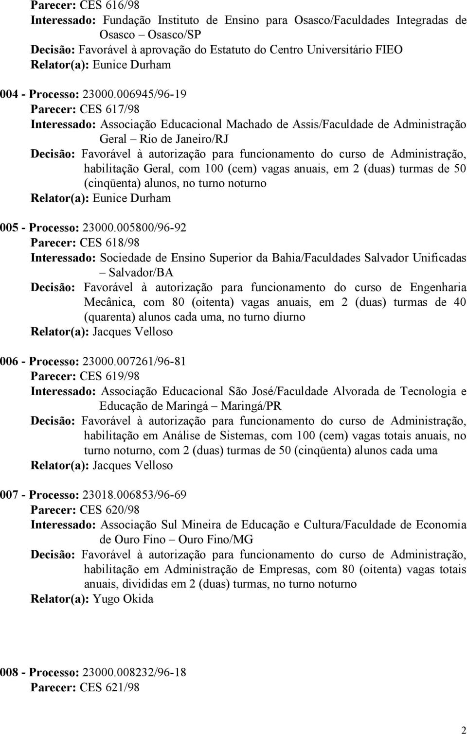 006945/96-19 Parecer: CES 617/98 Interessado: Associação Educacional Machado de Assis/Faculdade de Administração Geral Rio de Janeiro/RJ habilitação Geral, com 100 (cem) vagas anuais, em 2 (duas)