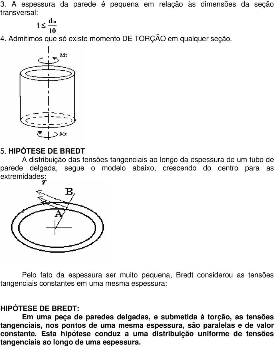 Pelo fao da espessura ser muio pequena, Bred considerou as ensões angenciais consanes em uma mesma espessura: HIPÓTESE DE BREDT: Em uma peça de paredes delgadas, e