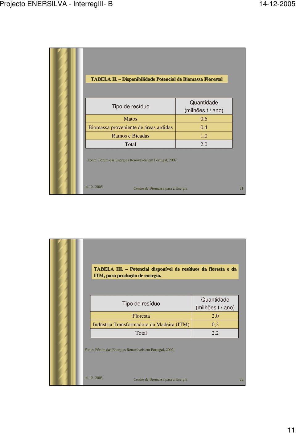 (milhões t / ano) 0,6 0,4 1,0 2,0 Fonte: Fórum das Energias Renováveis em Portugal, 2002. Centro de Biomassa para a Energia 21 TABELA III.