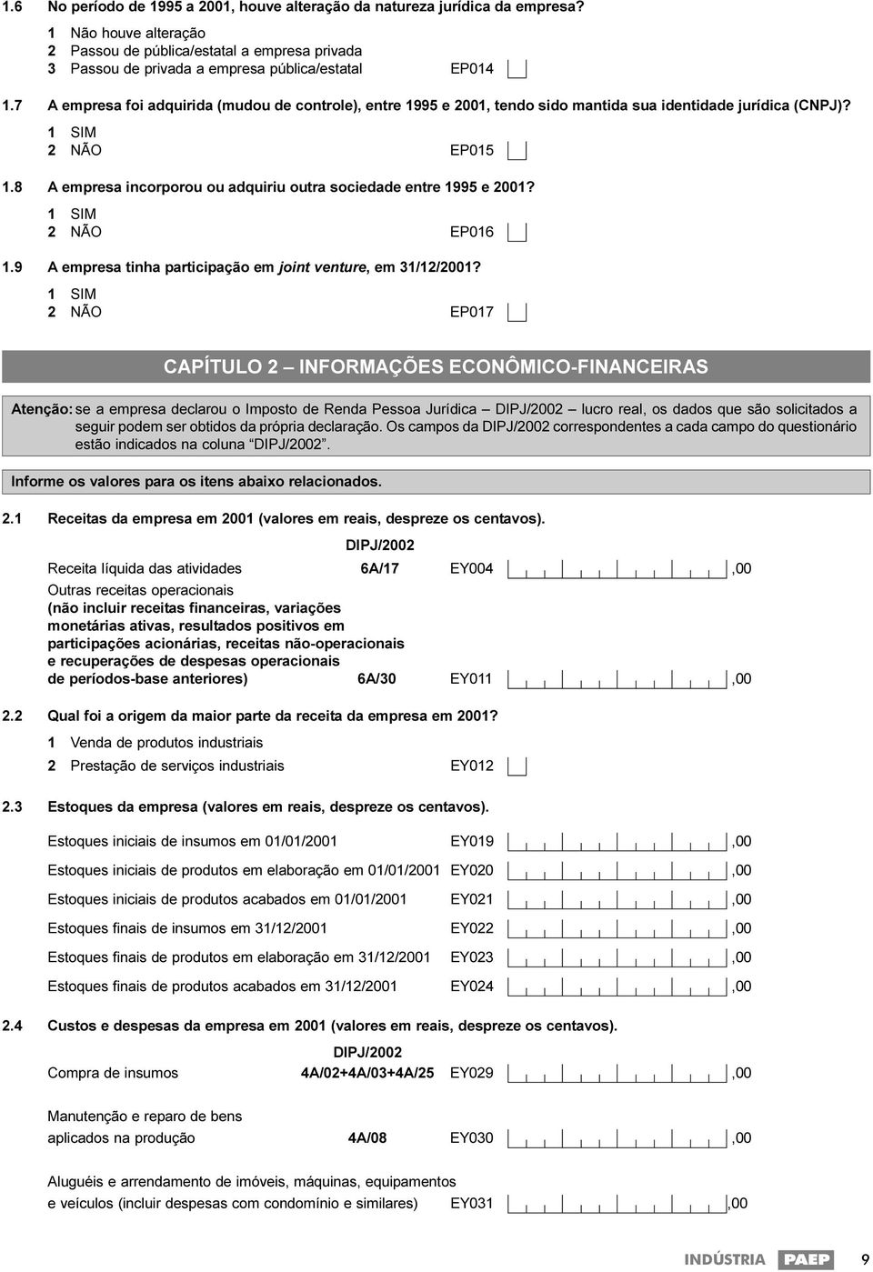 7 A empresa foi adquirida (mudou de controle), entre 1995 e 2001, tendo sido mantida sua identidade jurídica (CNPJ)? 1 SIM 2 NÃO EP015 1.