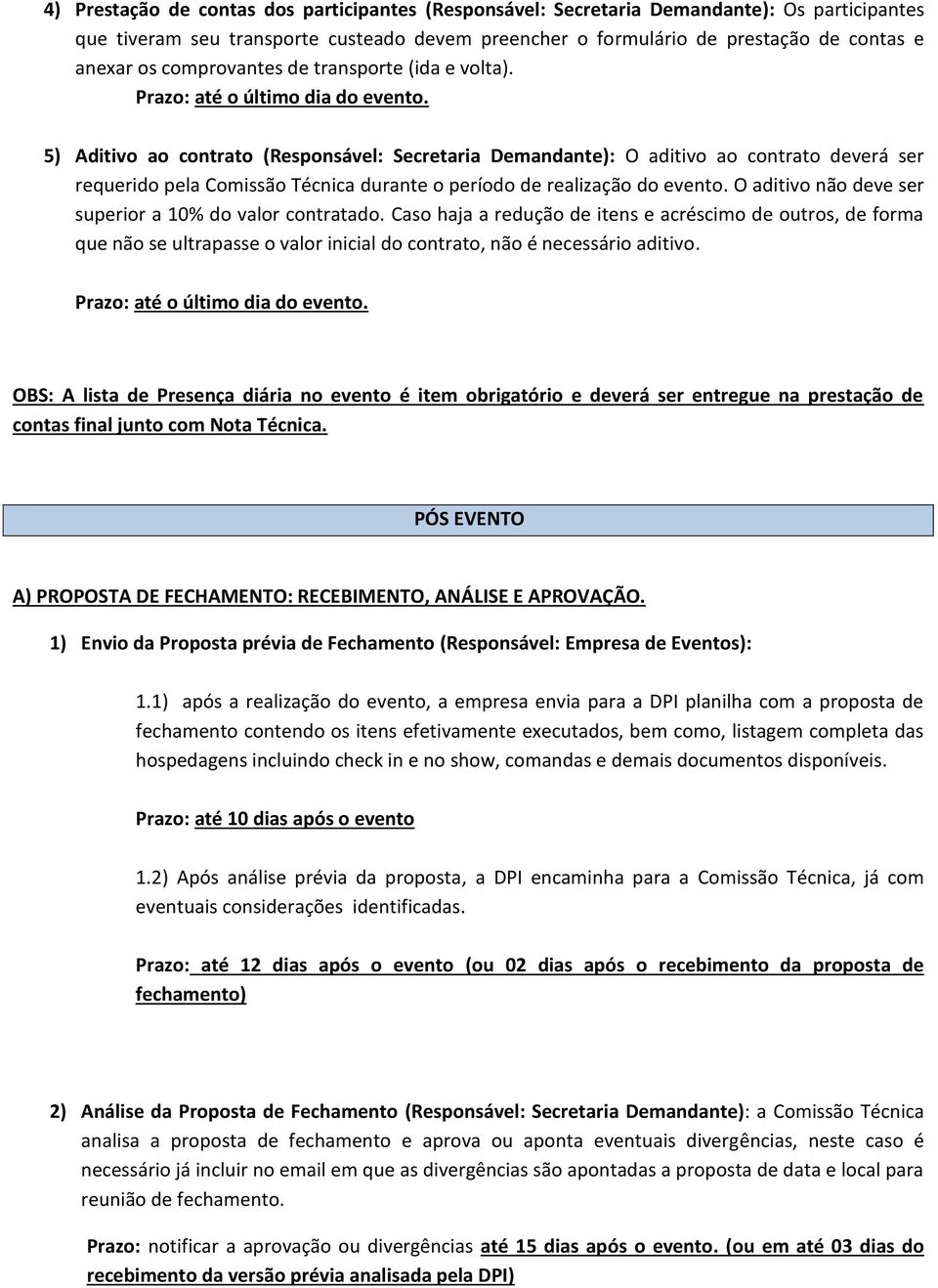 5) Aditivo ao contrato (Responsável: Secretaria Demandante): O aditivo ao contrato deverá ser requerido pela Comissão Técnica durante o período de realização do evento.