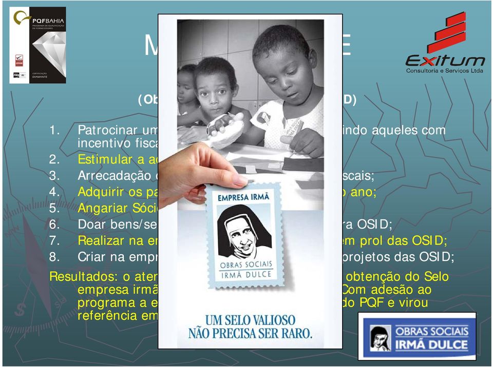 Angariar Sócios-protetores para as OSID; 6. Doar bens/serviços ou recurso financeiro para OSID; 7. Realizar na empresa campanhas e eventos em prol das OSID; 8.