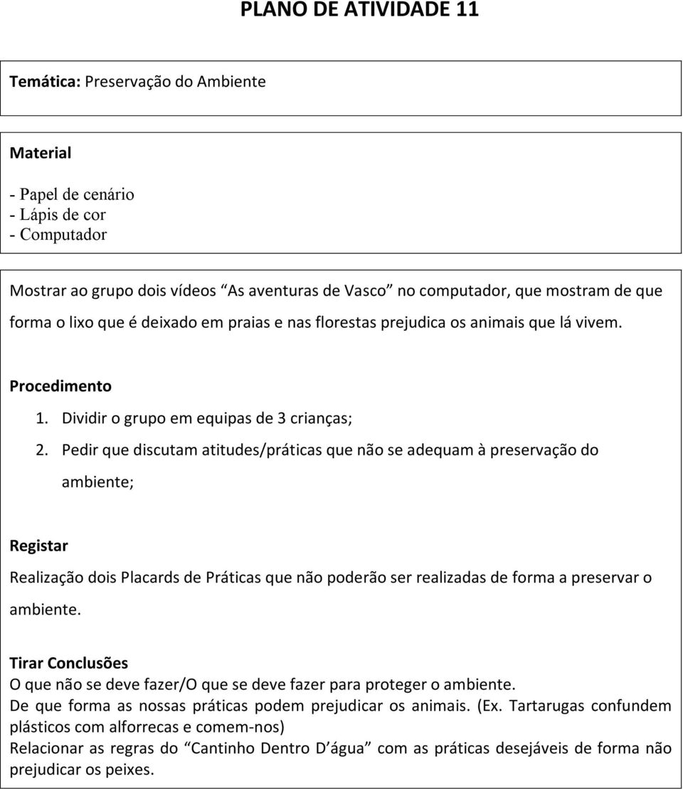 Pedir que discutam atitudes/práticas que não se adequam à preservação do ambiente; Registar Realização dois Placards de Práticas que não poderão ser realizadas de forma a preservar o ambiente.