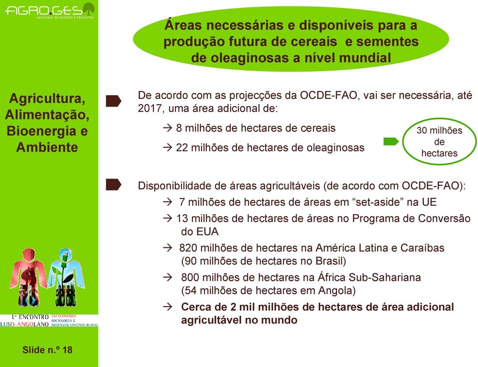 7 milhões de hectares de áreas em set-aside na UE 13 milhões de hectares de áreas no Programa de Conversão do EUA 820 milhões de hectares na América Latina e Caraíbas (90 milhões de