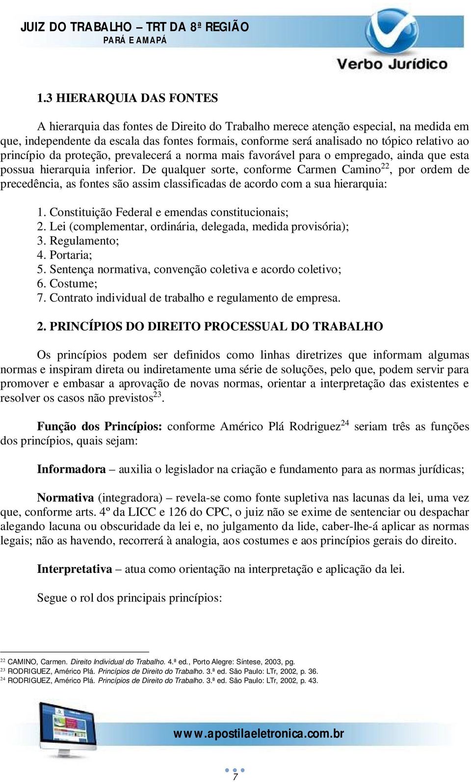 De qualquer sorte, conforme Carmen Camino 22, por ordem de precedência, as fontes são assim classificadas de acordo com a sua hierarquia: 1. Constituição Federal e emendas constitucionais; 2.