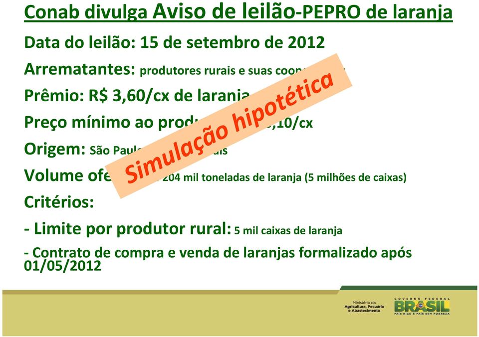 e Minas Gerais Volume ofertado: 204 mil toneladas de laranja(5 milhões de caixas) Critérios: Simulação hipotética