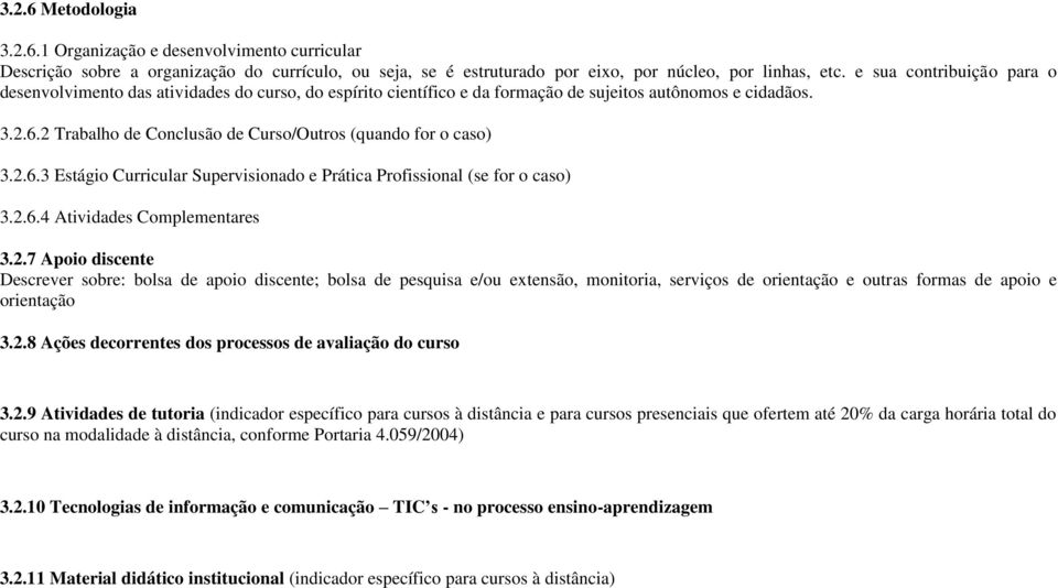 2 Trabalho de Conclusão de Curso/Outros (quando for o caso) 3.2.6.3 Estágio Curricular Supervisionado e Prática Profissional (se for o caso) 3.2.6.4 Atividades Complementares 3.2.7 Apoio discente Descrever sobre: bolsa de apoio discente; bolsa de pesquisa e/ou extensão, monitoria, serviços de orientação e outras formas de apoio e orientação 3.