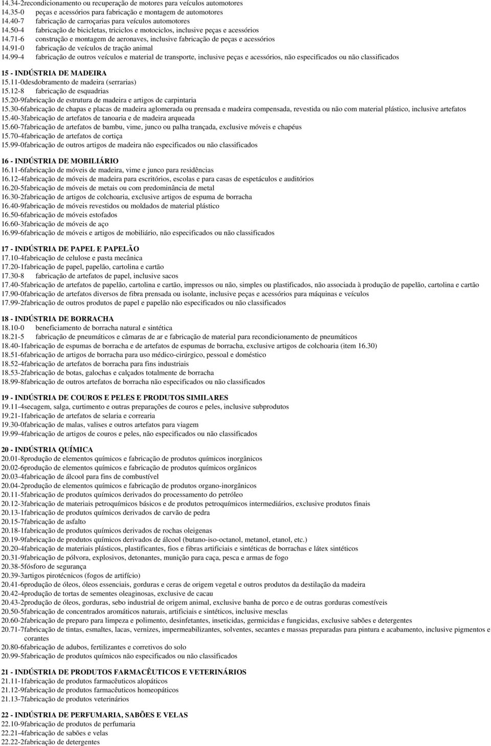 71-6 construção e montagem de aeronaves, inclusive fabricação de peças e acessórios 14.91-0 fabricação de veículos de tração animal 14.