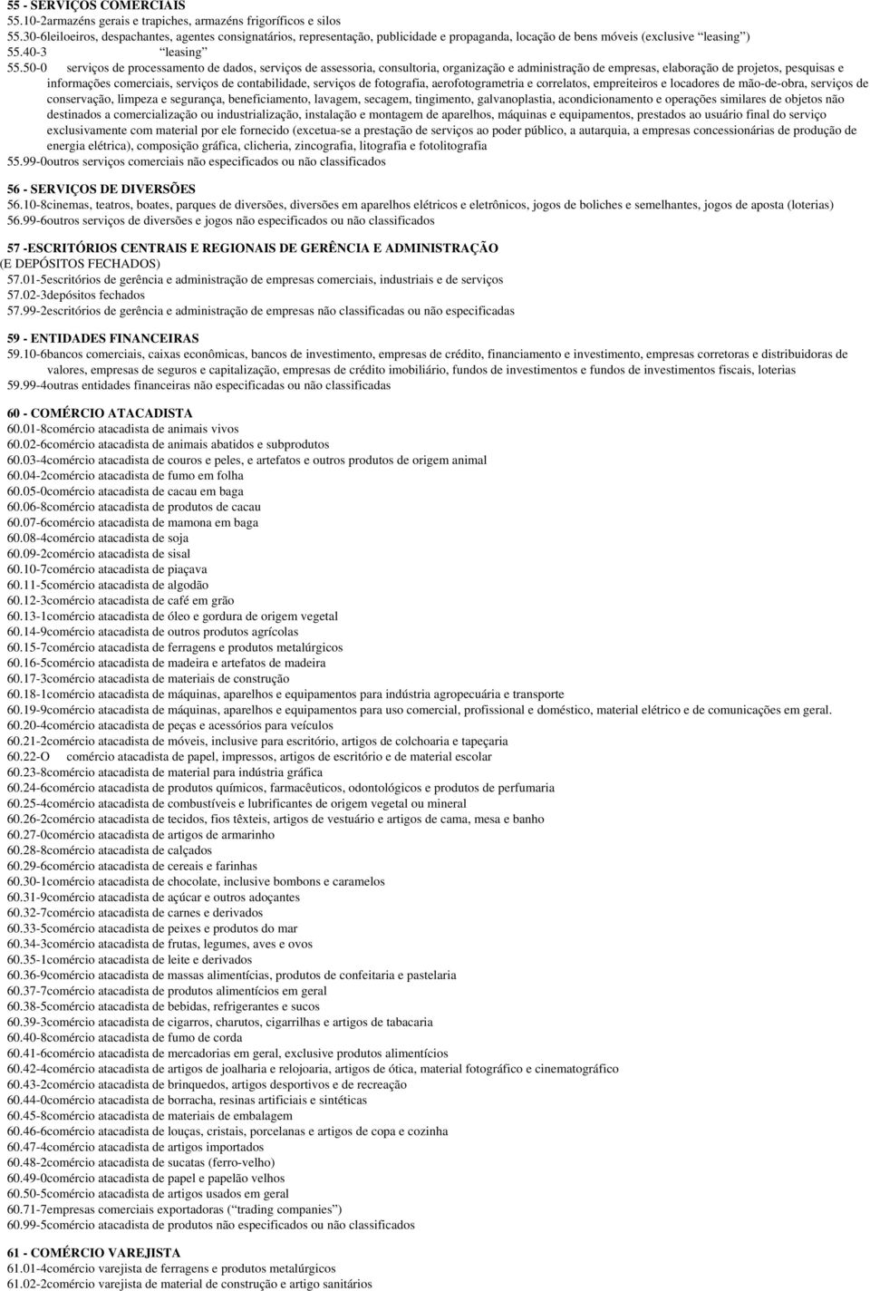 50-0 serviços de processamento de dados, serviços de assessoria, consultoria, organização e administração de empresas, elaboração de projetos, pesquisas e informações comerciais, serviços de