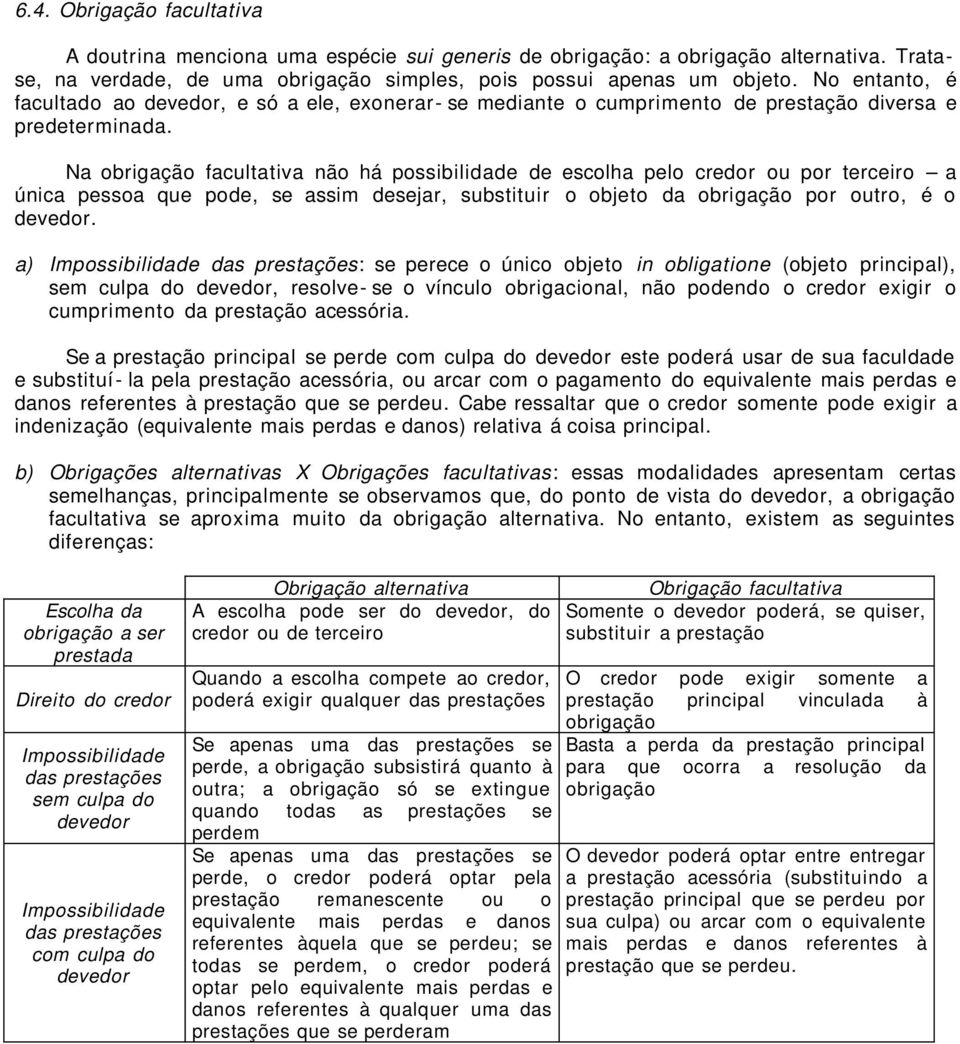 Na obrigação facultativa não há possibilidade de escolha pelo credor ou por terceiro a única pessoa que pode, se assim desejar, substituir o objeto da obrigação por outro, é o devedor.