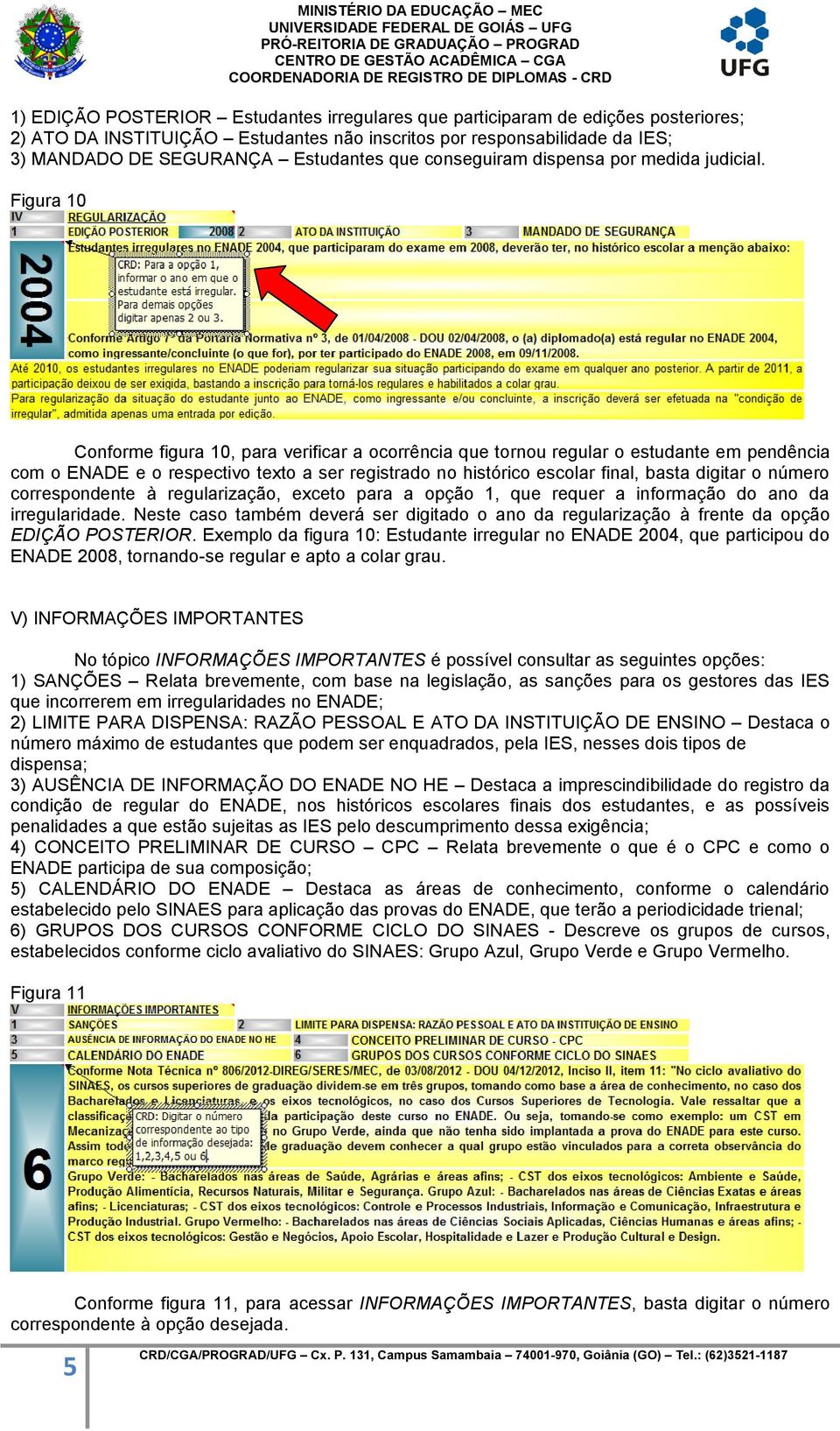 Figura 10 Conforme figura 10, para verificar a ocorrência que tornou regular o estudante em pendência com o ENADE e o respectivo texto a ser registrado no histórico escolar final, basta digitar o