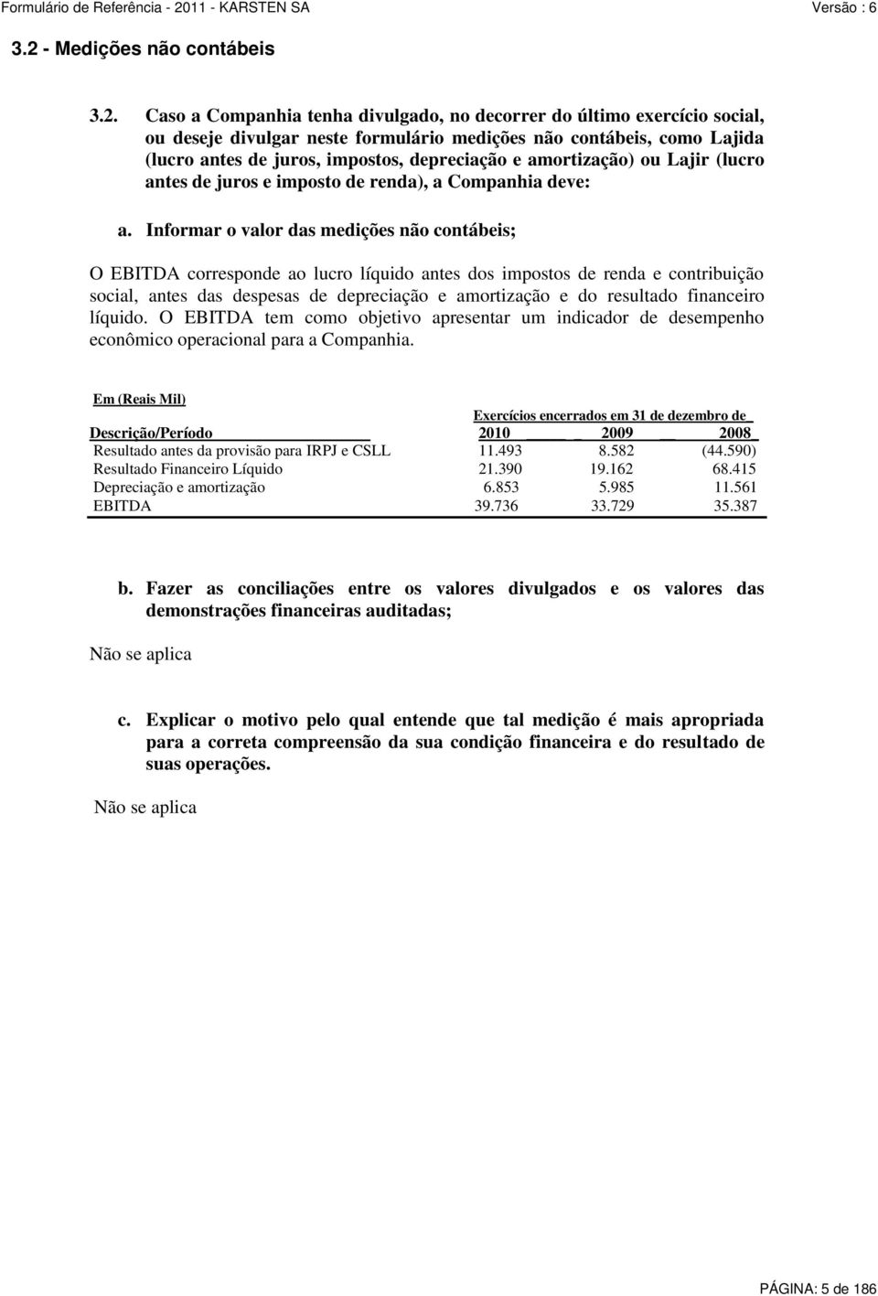 Informar o valor das medições não contábeis; O EBITDA corresponde ao lucro líquido antes dos impostos de renda e contribuição social, antes das despesas de depreciação e amortização e do resultado