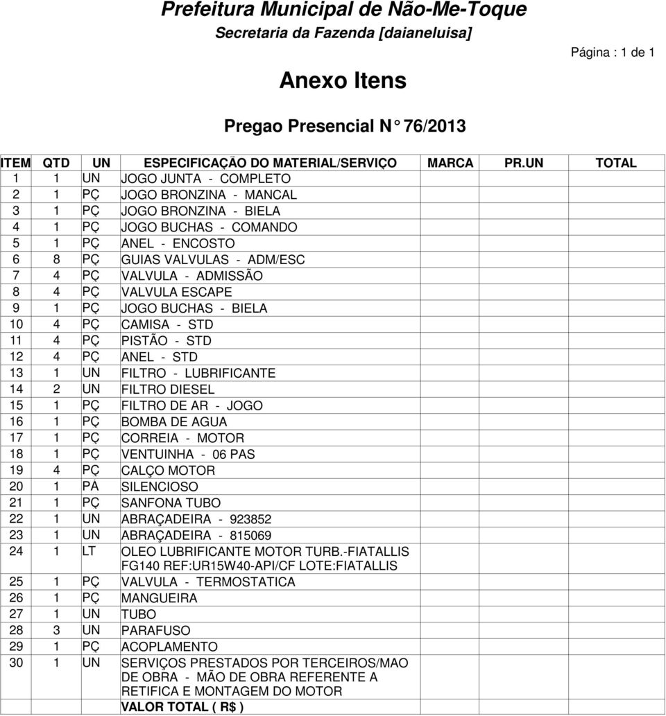 ADMISSÃO 8 4 PÇ VALVULA ESCAPE 9 1 PÇ JOGO BUCHAS - BIELA 10 4 PÇ CAMISA - STD 11 4 PÇ PISTÃO - STD 12 4 PÇ ANEL - STD 13 1 UN FILTRO - LUBRIFICANTE 14 2 UN FILTRO DIESEL 15 1 PÇ FILTRO DE AR - JOGO