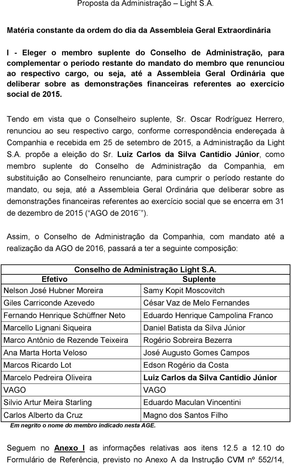 Oscar Rodríguez Herrero, renunciou ao seu respectivo cargo, conforme correspondência endereçada à Companhia e recebida em 25 de setembro de 2015, a Administração da Light S.A. propõe a eleição do Sr.