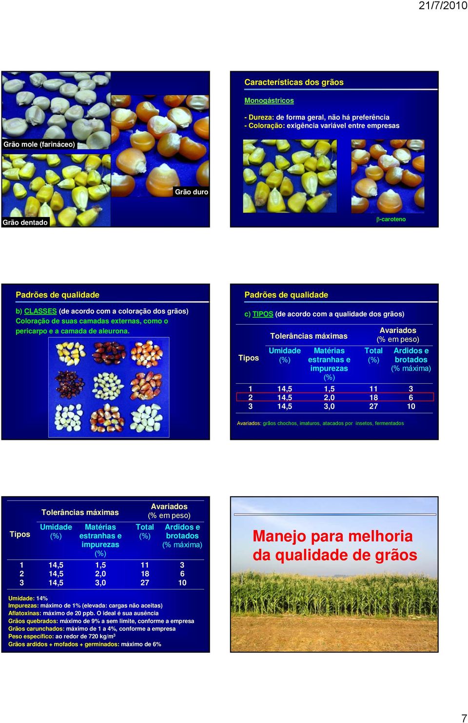 Padrões de qualidade c) TIPOS (de acordo com a qualidade dos grãos) Tolerâncias máximas Avariados (% em peso) Tipos Umidade Matérias Total Ardidos e (%) estranhas e (%) brotados impurezas (% máxima)