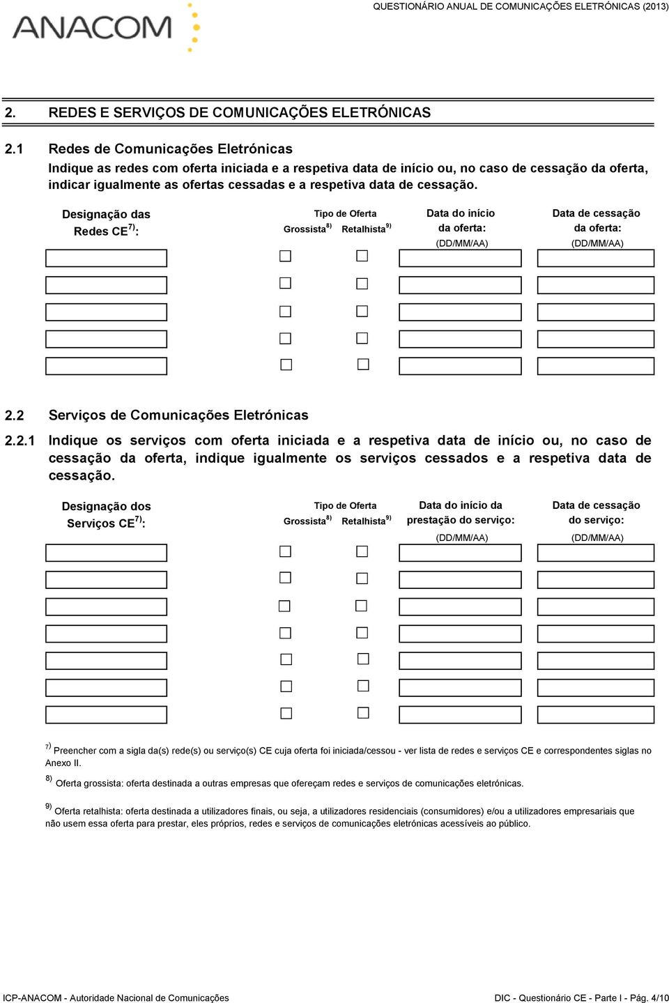 cessação. Designação das Redes CE 7) : Tipo de Oferta Data do início Grossista 8) Retalhista 9) da oferta: (DD/MM/AA) Data de cessação da oferta: (DD/MM/AA) 2.