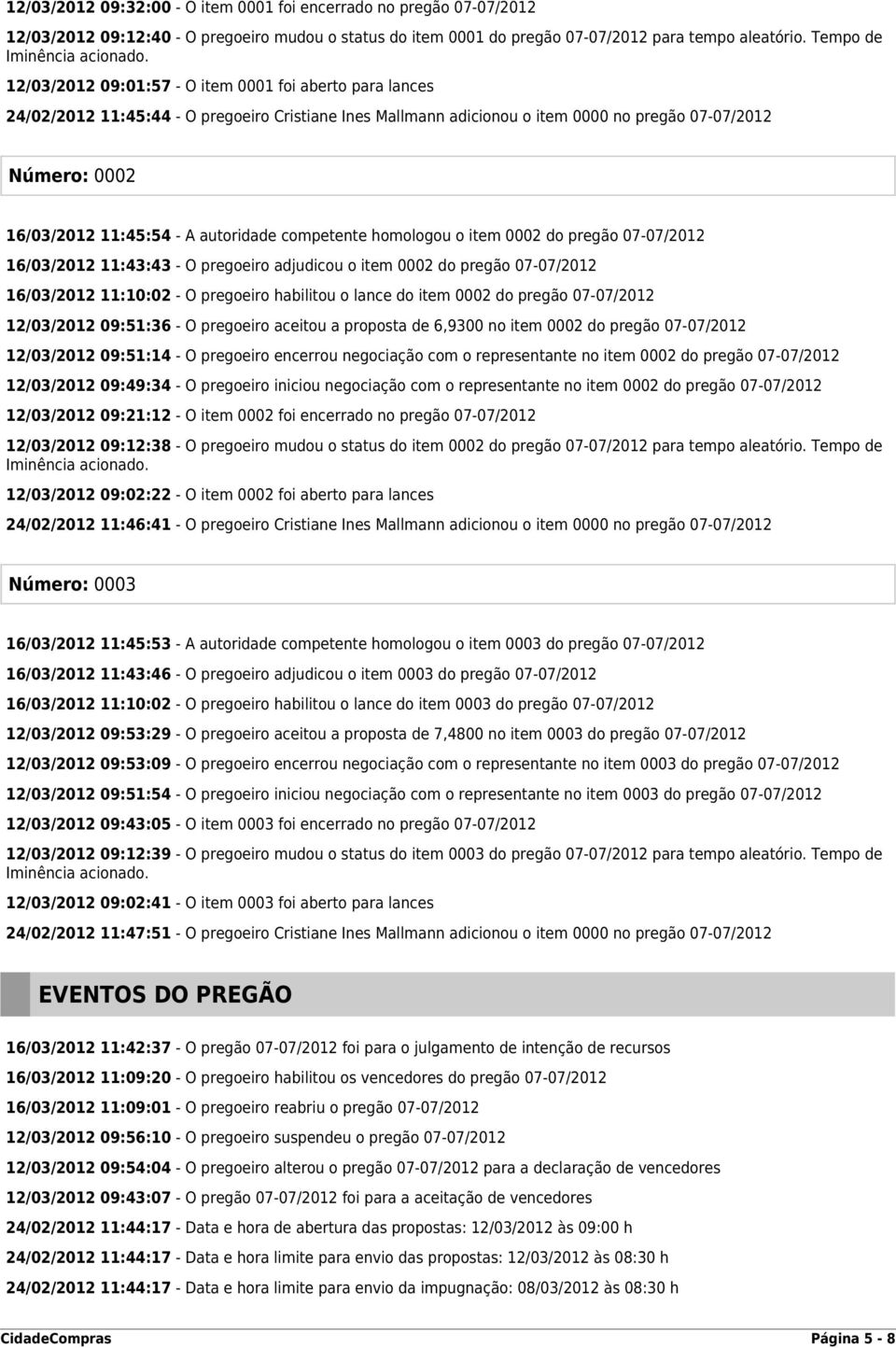 12/03/2012 09:01:57 - O item 0001 foi aberto para lances 24/02/2012 11:45:44 - O pregoeiro Cristiane Ines Mallmann adicionou o item 0000 no pregão 07-07/2012 Número: 0002 16/03/2012 11:45:54 - A