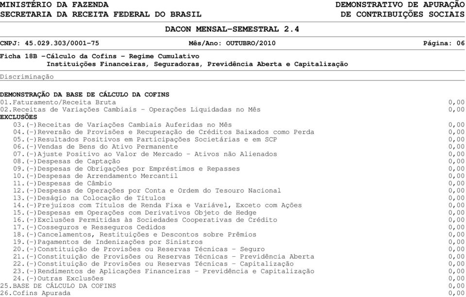 CÁLCULO DA COFINS 01.Faturamento/Receita Bruta 02.Receitas de Variações Cambiais - Operações Liquidadas no Mês XCLUSÕES 03.(-)Receitas de Variações Cambiais Auferidas no Mês 04.