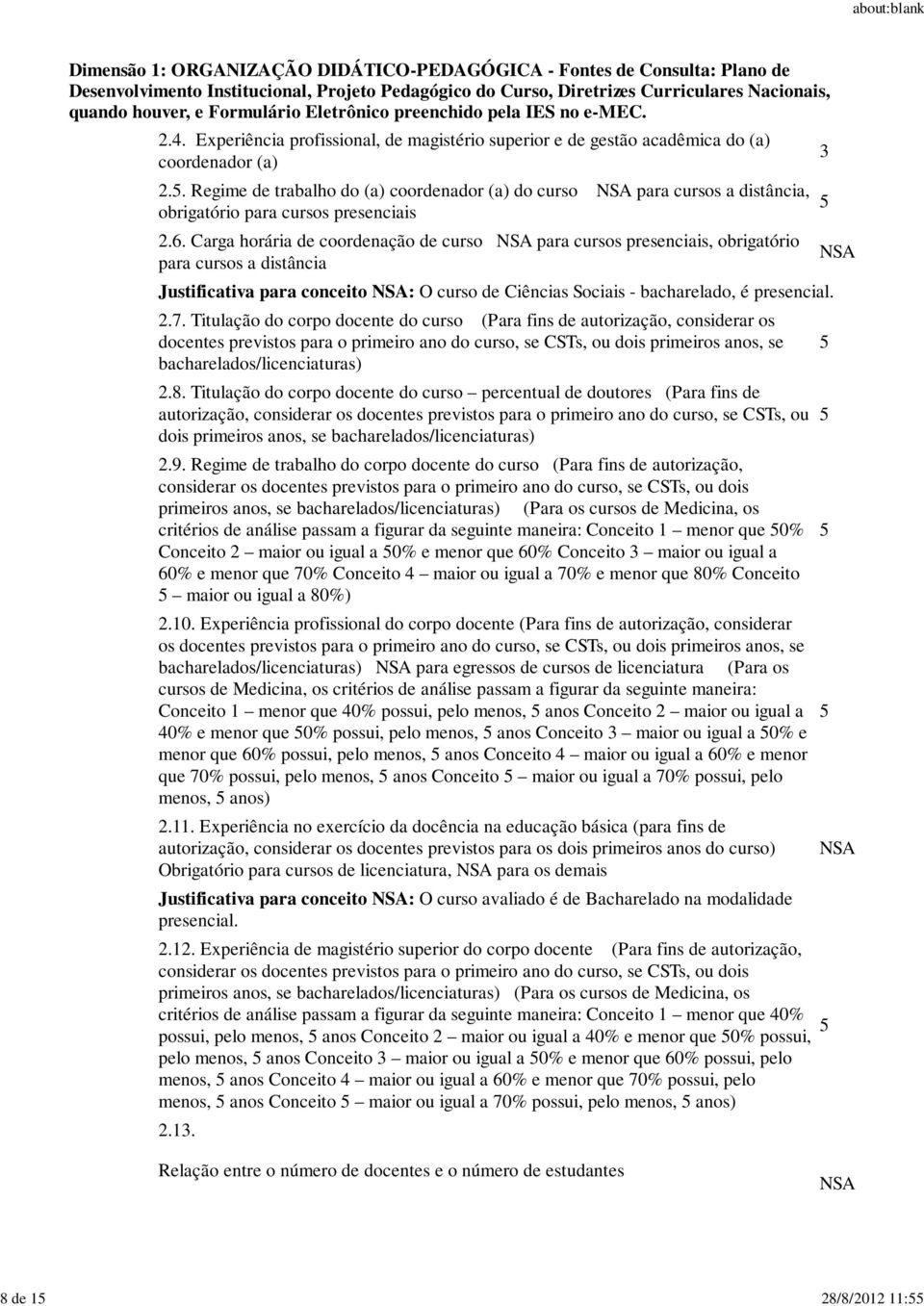 Titulação do corpo docente do curso (Para fins de autorização, considerar os docentes previstos para o primeiro ano do curso, se CSTs, ou dois primeiros anos, se bacharelados/licenciaturas) 2.8.