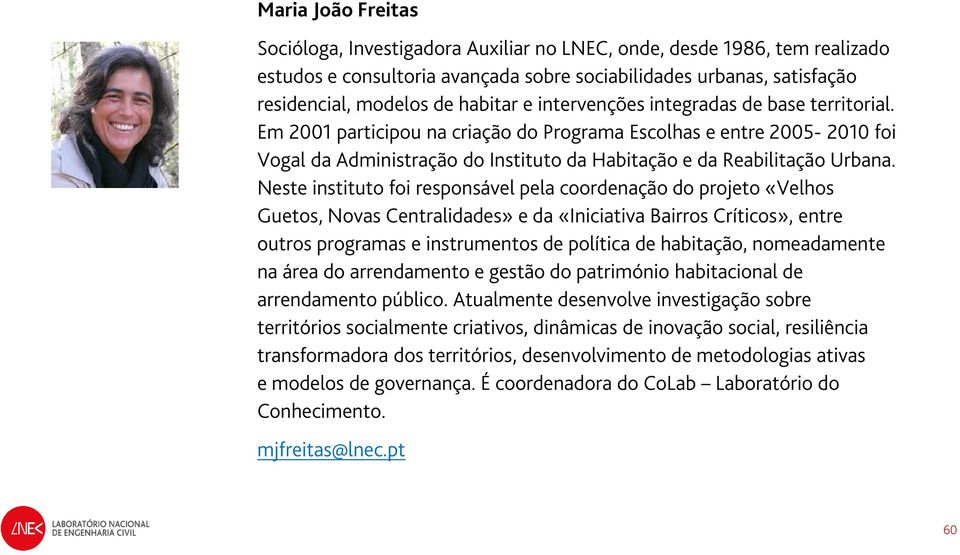 Neste instituto foi responsável pela coordenação do projeto «Velhos Guetos, Novas Centralidades» e da «Iniciativa Bairros Críticos», entre outros programas e instrumentos de política de habitação,