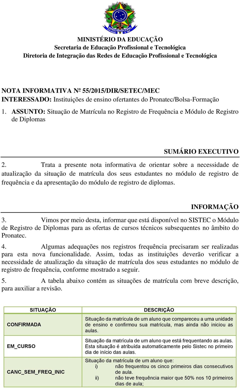 Trata a presente nota informativa de orientar sobre a necessidade de atualização da situação de matrícula dos seus estudantes no módulo de registro de frequência e da apresentação do módulo de