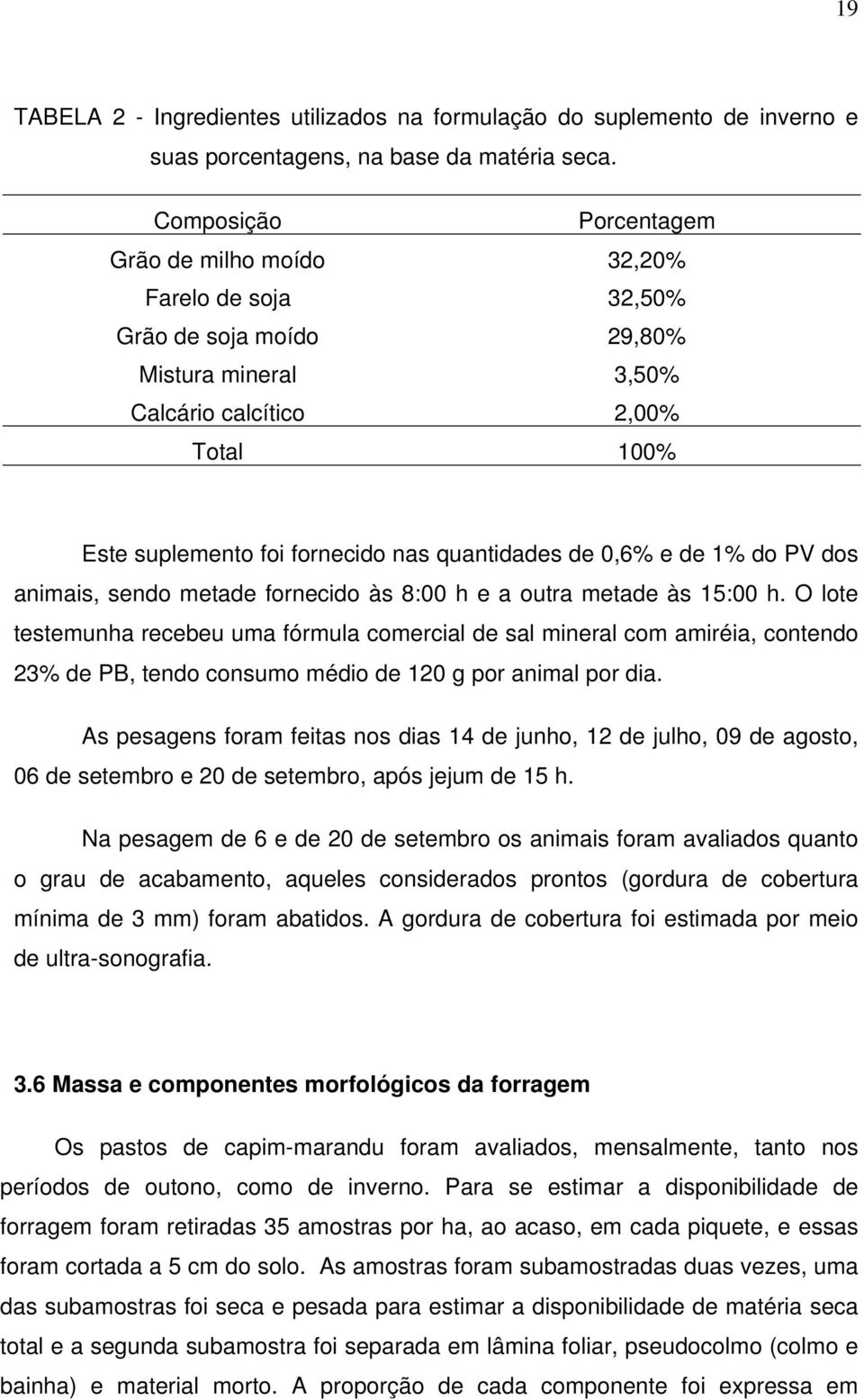 quantidades de 0,6% e de 1% do PV dos animais, sendo metade fornecido às 8:00 h e a outra metade às 15:00 h.