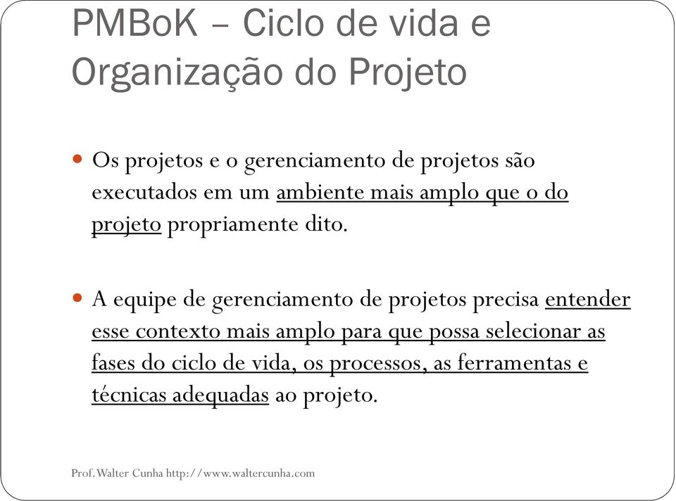 A equipe de gerenciamento de projetos precisa entender esse contexto mais amplo para que