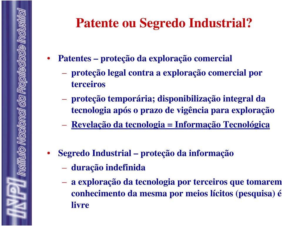 temporária; disponibilização integral da tecnologia após o prazo de vigência para exploração Revelação da