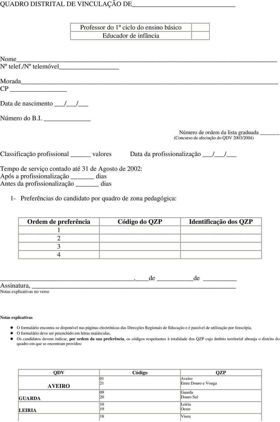 (Concurso de afectação do QDV 03/04) Classificação profissional valores Data da profissionalização / / Tempo de serviço contado até 31 de Agosto de 02: Após a profissionalização dias Antes da