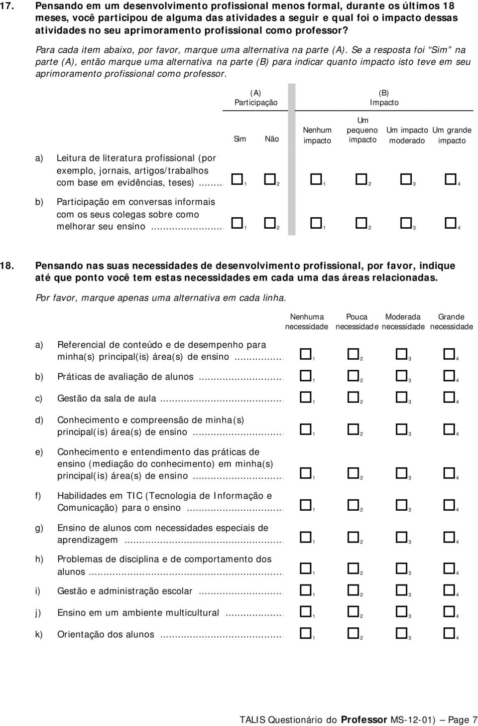 Se a resposta foi Sim na parte (A), então marque uma alternativa na parte (B) para indicar quanto impacto isto teve em seu aprimoramento profissional como professor.