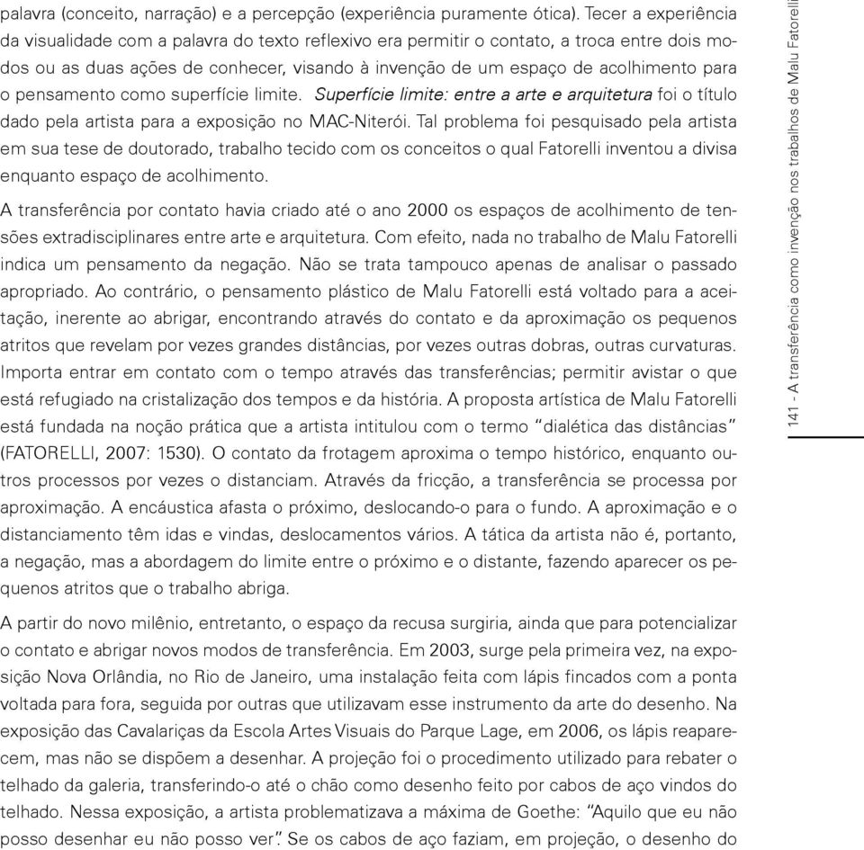 o pensamento como superfície limite. Superfície limite: entre a arte e arquitetura foi o título dado pela artista para a exposição no MAC-Niterói.