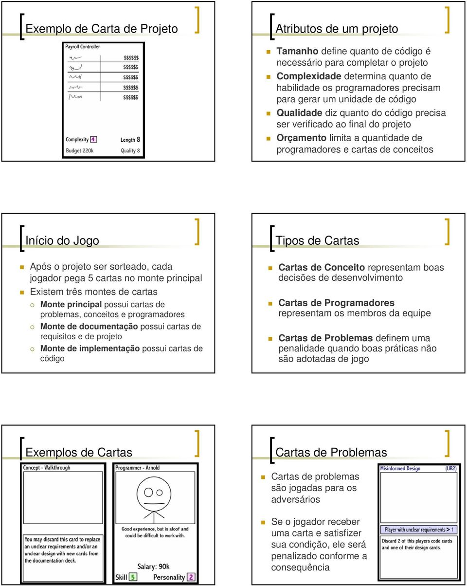 ser sorteado, cada jogador pega 5 cartas no monte principal Existem três montes de cartas Monte principal possui cartas de problemas, conceitos e programadores Monte de documentação possui cartas de