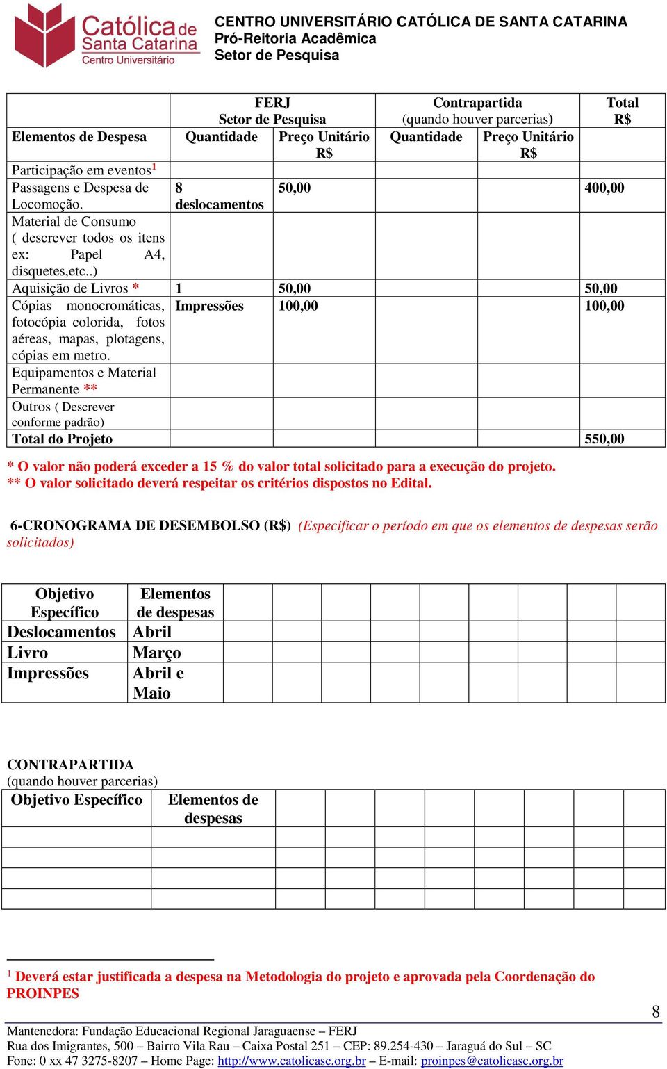 .) Contrapartida (quando houver parcerias) Quantidade Preço Unitário R$ Total R$ 50,00 400,00 Aquisição de Livros * 1 50,00 50,00 Cópias monocromáticas, Impressões 100,00 100,00 fotocópia colorida,