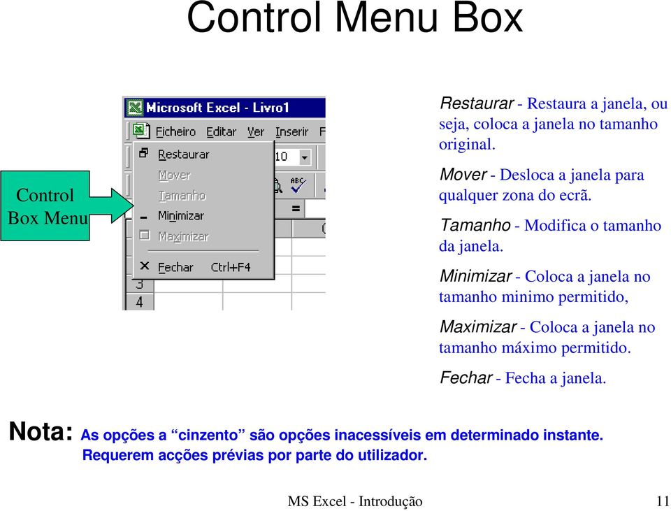 Minimizar - Coloca a janela no tamanho minimo permitido, Maximizar - Coloca a janela no tamanho máximo permitido.