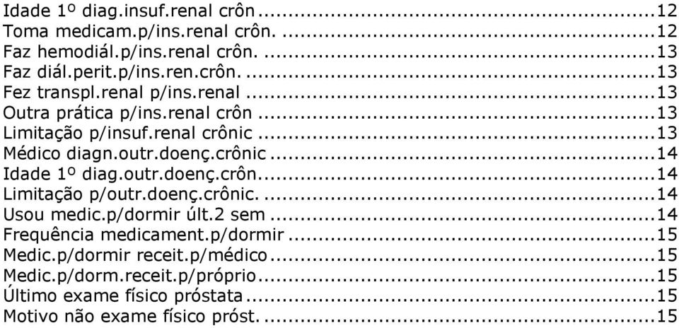 outr.doenç.crôn.... 14 Limitação p/outr.doenç.crônic.... 14 Usou medic.p/dormir últ.2 sem... 14 Frequência medicament.p/dormir... 15 Medic.