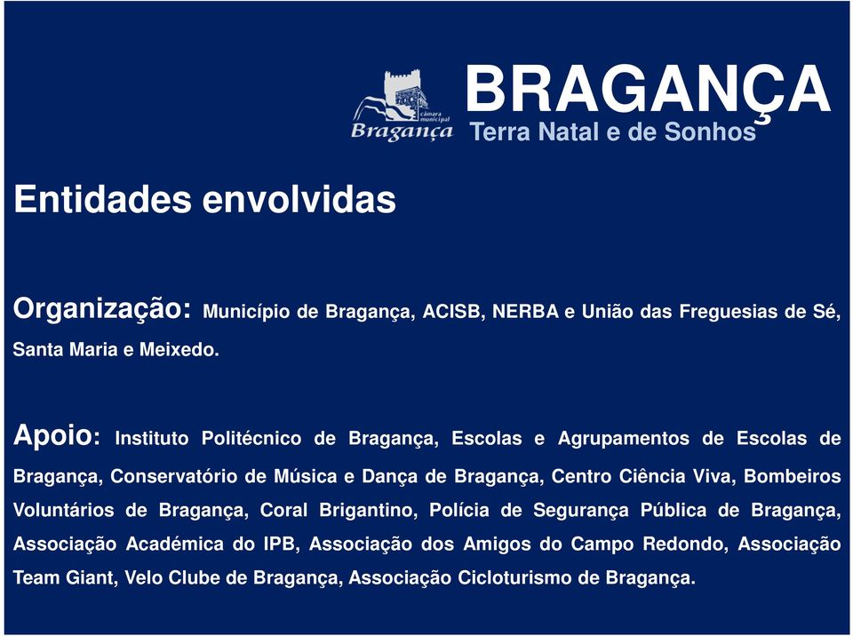 Bragança, Centro Ciência Viva, Bombeiros Voluntários de Bragança, Coral Brigantino, Polícia de Segurança Pública de Bragança,