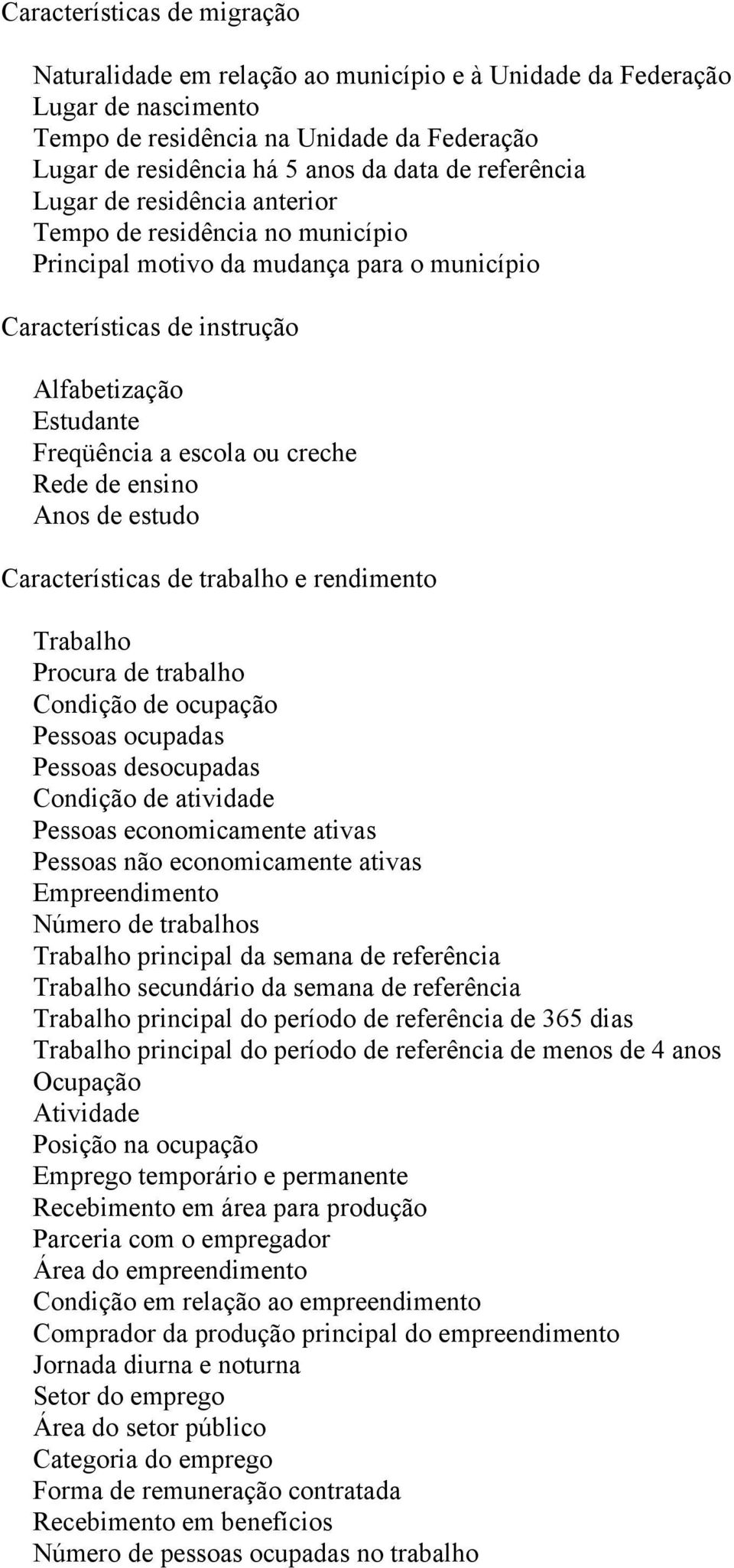 creche Rede de ensino Anos de estudo Características de trabalho e rendimento Trabalho Procura de trabalho Condição de ocupação Pessoas ocupadas Pessoas desocupadas Condição de atividade Pessoas