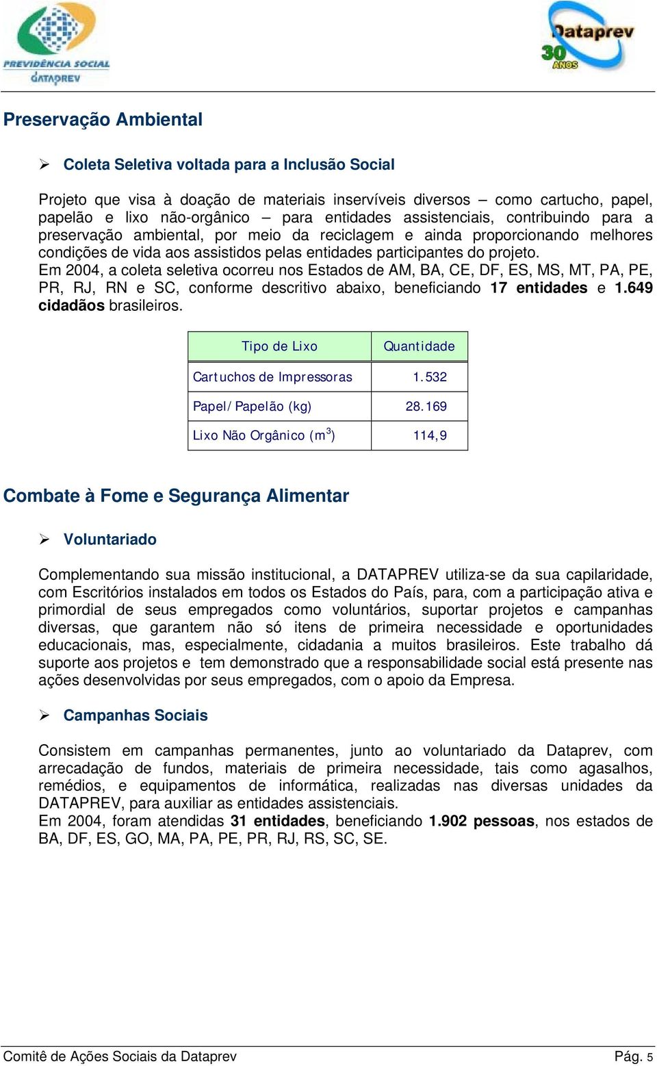 Em 2004, a coleta seletiva ocorreu nos Estados de AM, BA, CE, DF, ES, MS, MT, PA, PE, PR, RJ, RN e SC, conforme descritivo abaixo, beneficiando 17 entidades e 1.649 cidadãos brasileiros.